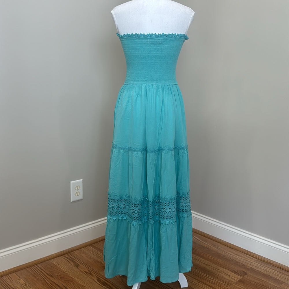 Light Turqouise Blue Strapless Maxi Dress with Smocked Bodice and Full Skirt - Picture 8 of 10